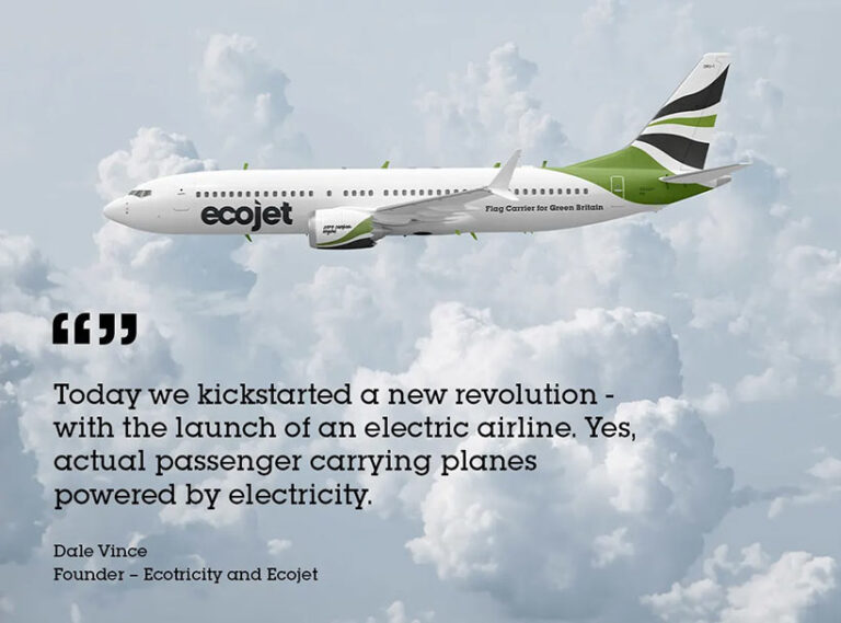 Ecotricity, a companhia aérea totalmente vegana e elétrica, alimentada por energia renovável.